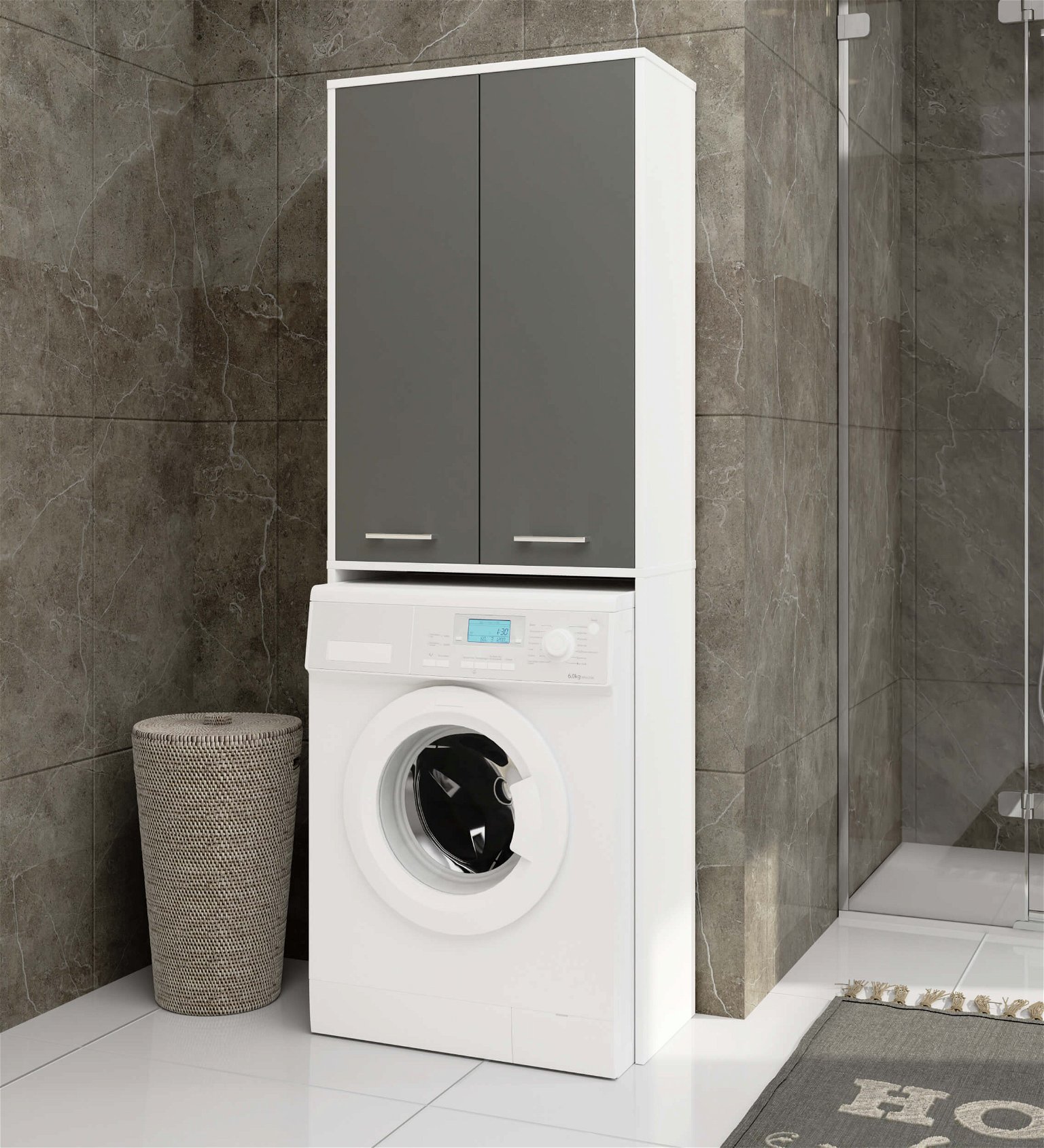 Pastatoma vonios spintelė virš skalbimo mašinos FIN 2D, 60 cm, balta/pilka - 5