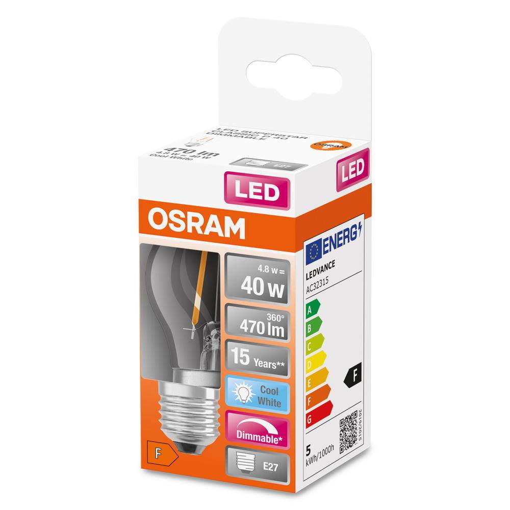 LED lemputė OSRAM Filament, E27, P40, burbuliuko formos, 4,8W, 4000K, 470 lm, dim, skaidri-1