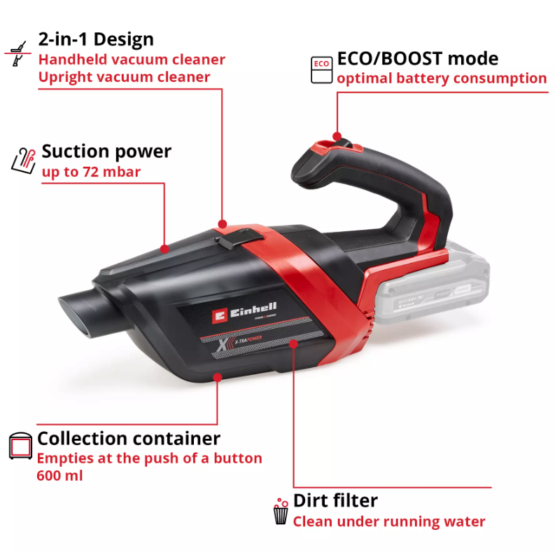 Akumuliatorinis dulkių siurblys EINHELL TE-HV 18/06 Li-Solo, 18 V, 72 mbar, 0,6 l, be akumuliator. - 3