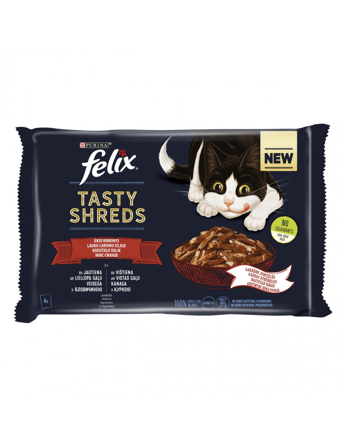 Konservuotas kačių ėdalas FELIX Tasty Shreds, mėsos rinkinys, 4 x 80 g