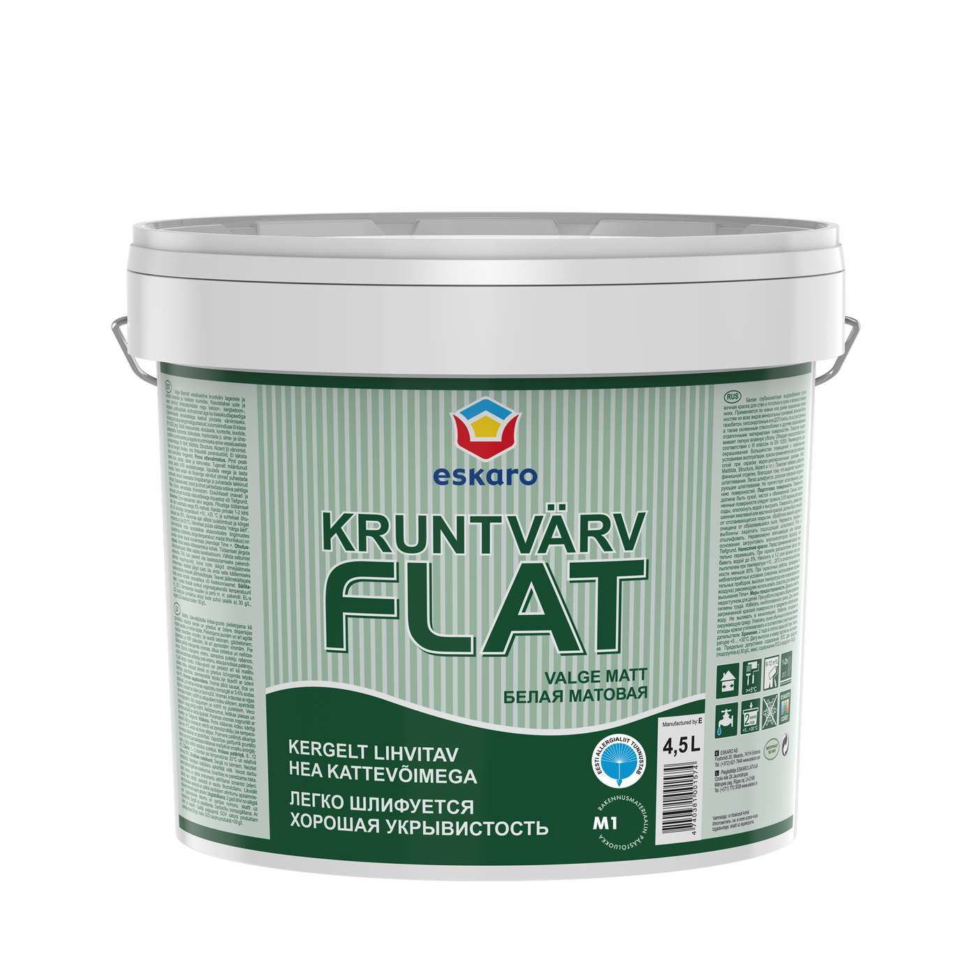 Sienų ir lubų gruntiniai dažai ESKARO FLAT, matiniai, baltos sp., 4,5l-0
