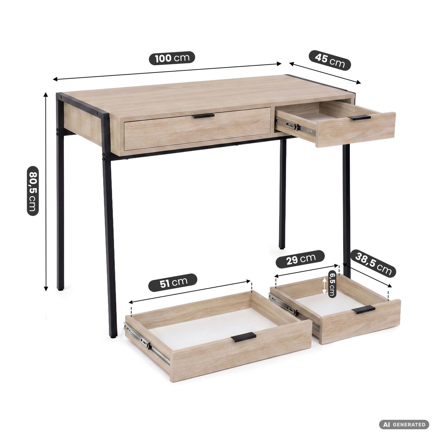Rašomasis stalas su stalčiais Akord Furniture Factory Zentia, 100 cm x 45 cm, 80.5 cm, juoda sp./sonoma ąžuolo sp. - 3