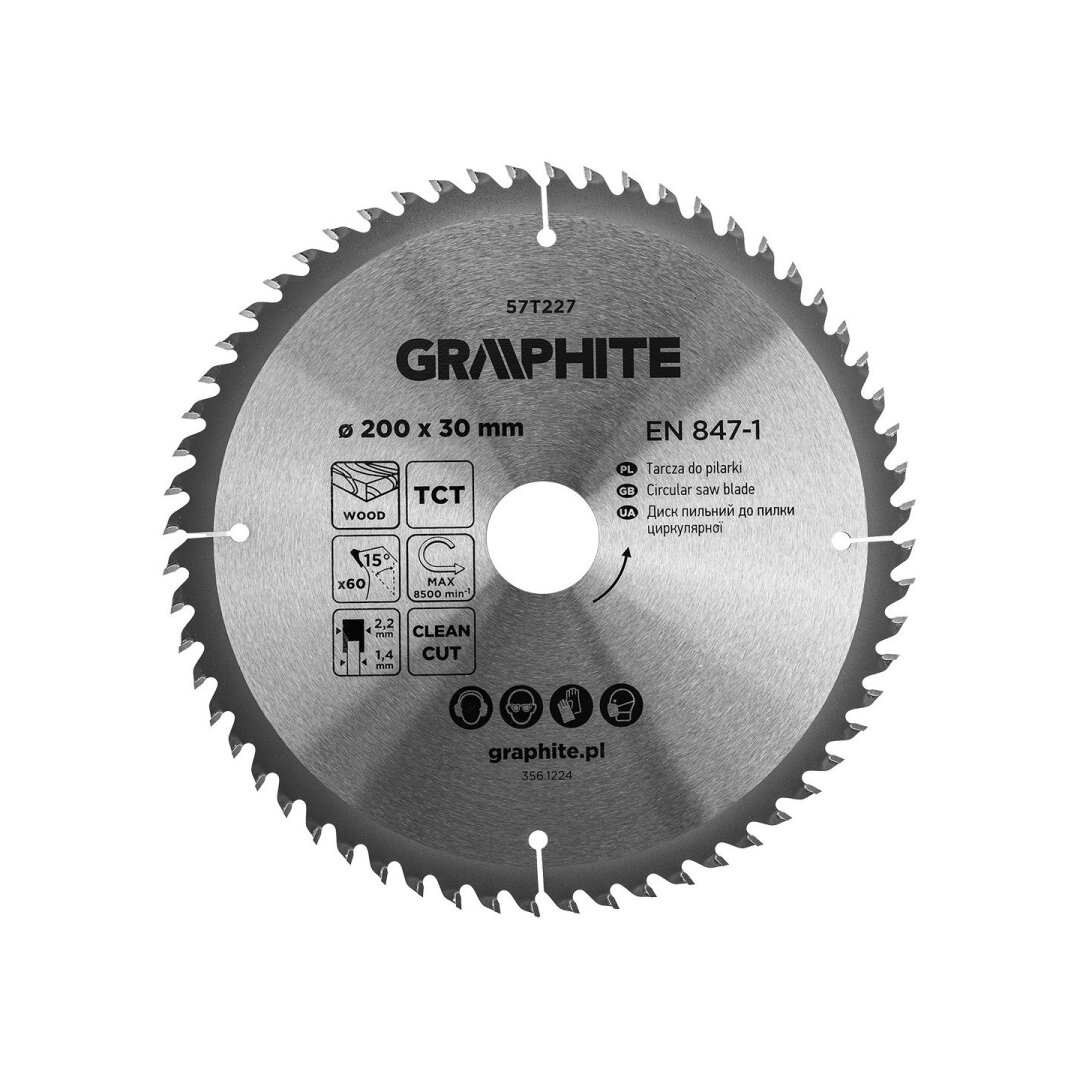 Medžio pjovimo diskas GRAPHITE, 200 x 2,2 x 30 mm, 60 dantų, TCT-0