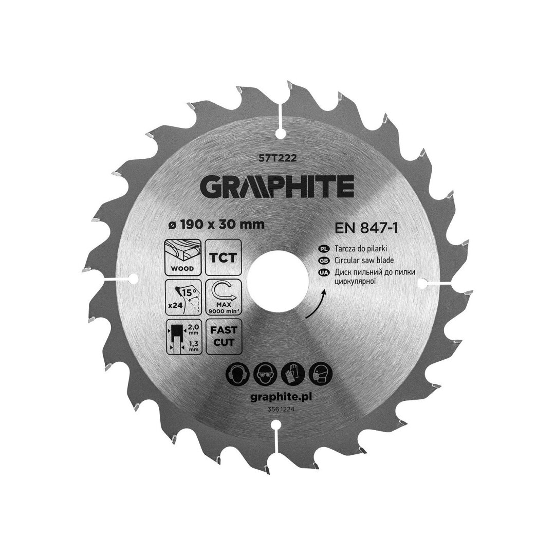 Medžio pjovimo diskas GRAPHITE, 190 x 2,0 x 30 mm, 24 dantų, TCT-0