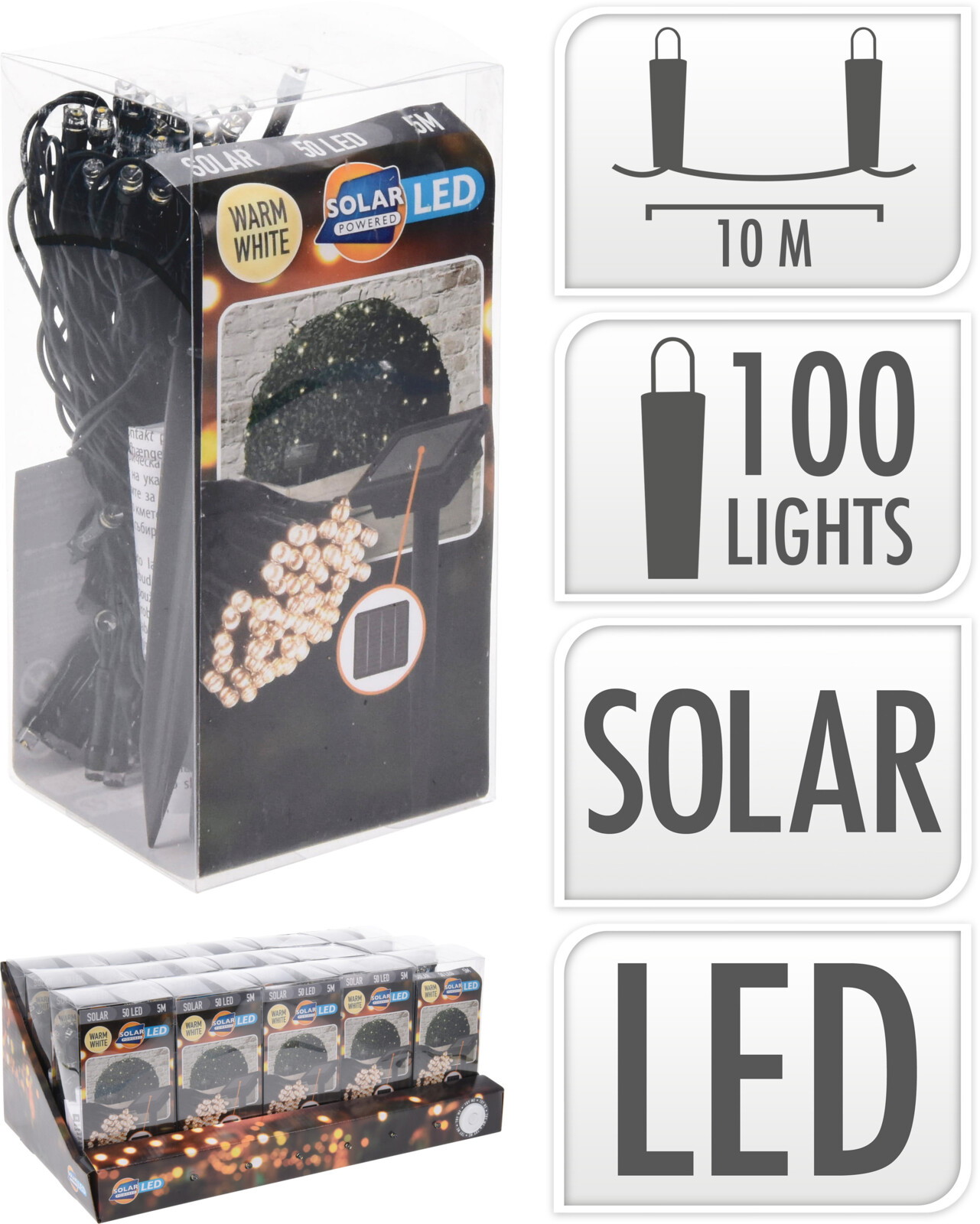 Lauko girlianda, įkraunama saulės energija, 100 LED, šiltai baltos sp., 10+2 m-0