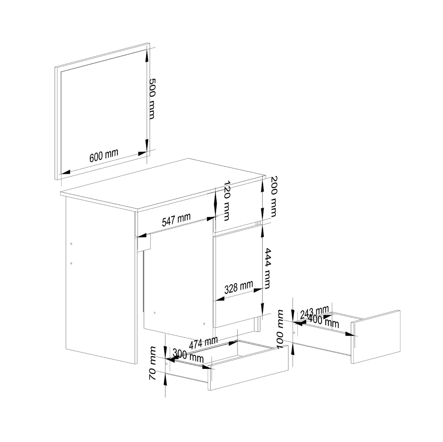 Kosmetinis staliukas su veidrodžiu P-2/SL 500x600, ruda/balta - 3