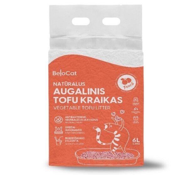 TOFU kraikas katėms BELOCAT, persikų kvapo, 2 mm, 6 L, 2.5 kg-0