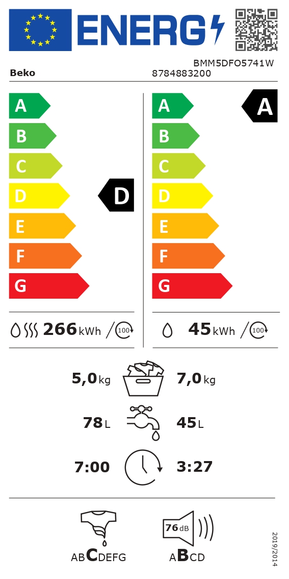 Skalbyklė-džiovyklė BEKO BMM5DFO5741W, 7/5 kg - 7