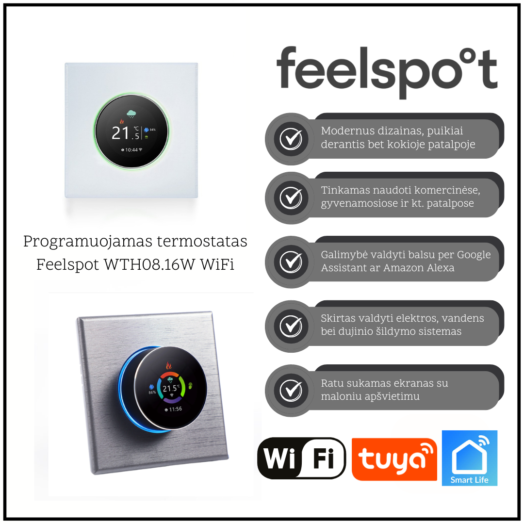 Programuojamas termostatas Feelspot WTH08.16W WiFi, baltas, Tuya, Smart Life 05-00190 - 1