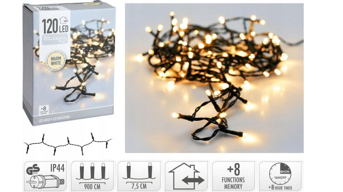 Elektrinė girlianda, IP44, 120 LED, 8 režimai, šiltai baltos sp, 6/18val. laikmatis, 9+3m - 2