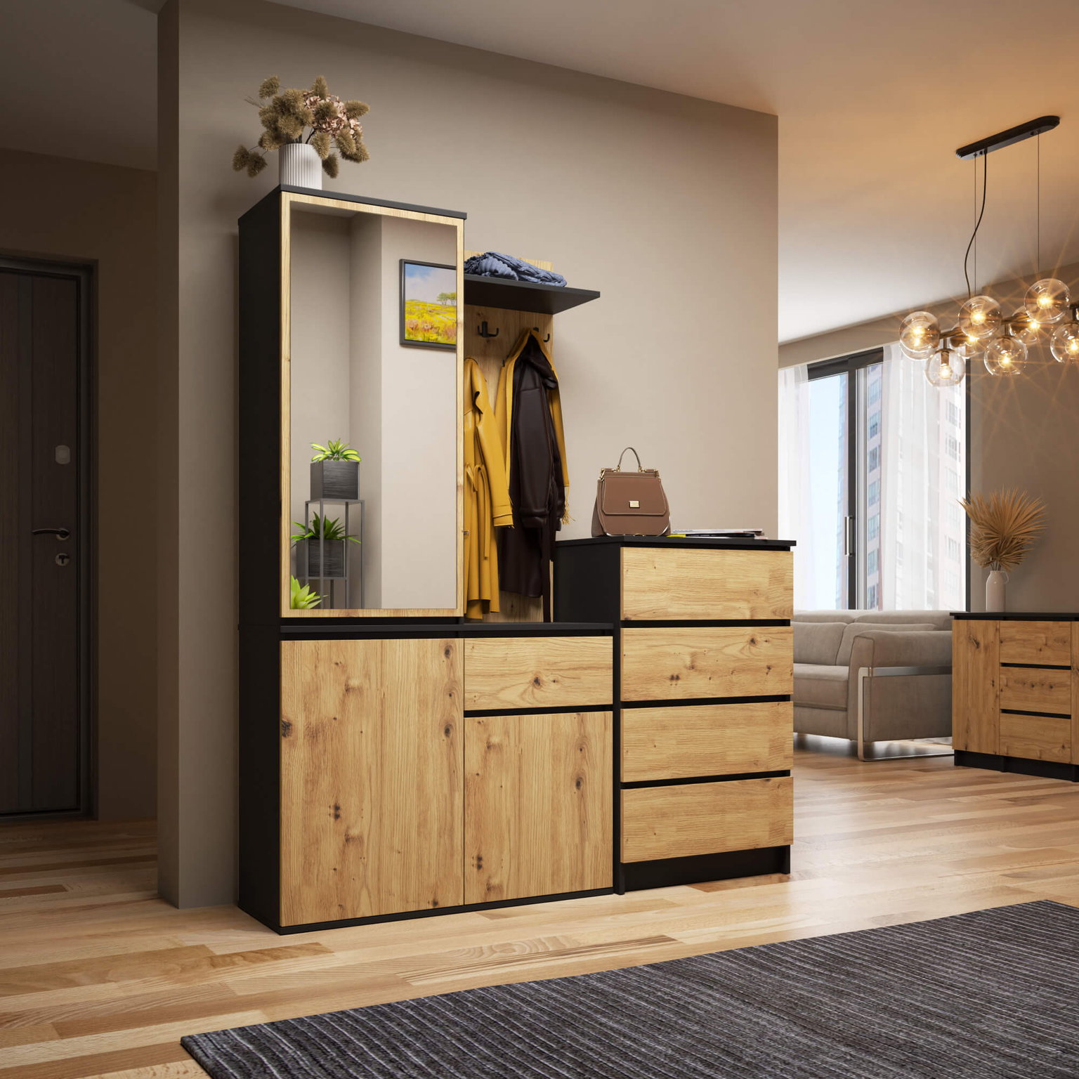 Prieškambario komplektas ENTRO PK, juoda/artisan ąžuolo - 6