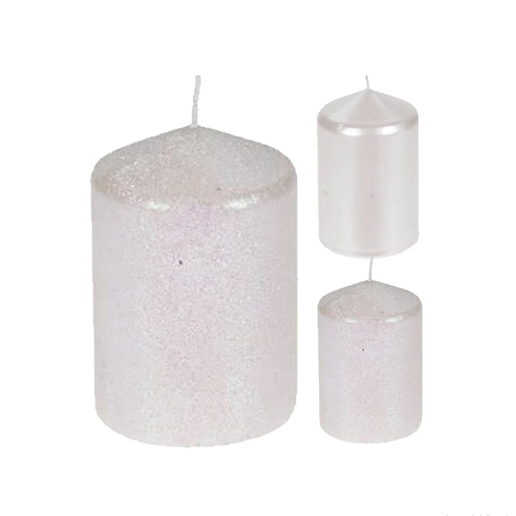Cilindrinė žvakė GLITTER, baltos sp., 2 rūšys, 7 x 10 cm