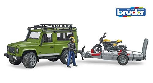 Automobilis Land Rover Defender su priekaba ir motociklu Scrambler Ducati Full Throttle BRUDER
