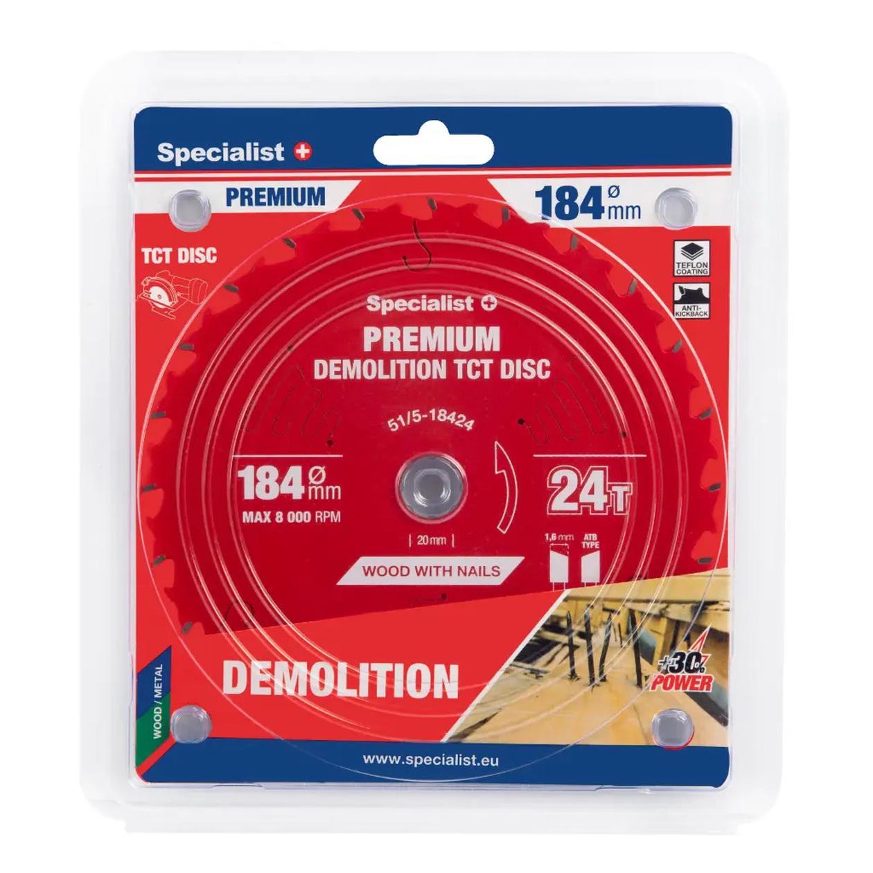 Medžio pjovimo diskas SPECIALIST+ Premium Demolition, 184 x 1,6 x 20/16 mm, 24 dantų, 18°, TCT-0