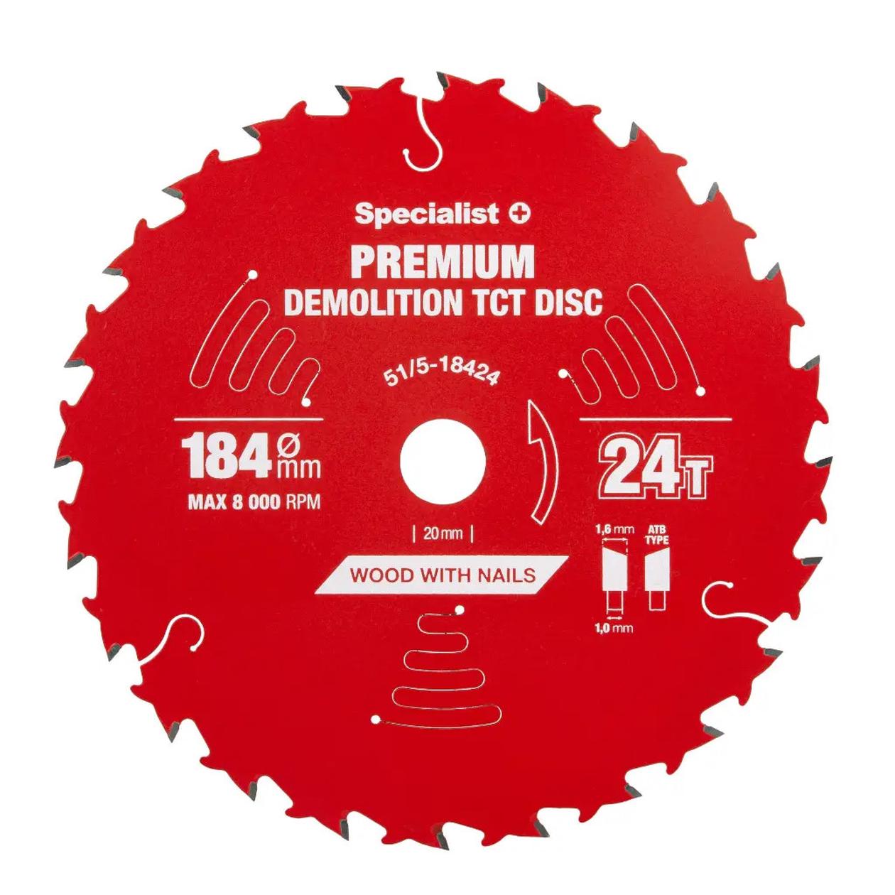 Medžio pjovimo diskas SPECIALIST+ Premium Demolition, 184 x 1,6 x 20/16 mm, 24 dantų, 18°, TCT-1