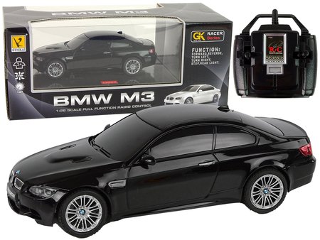 Automobilis BMW M3 su nuotolinio valdymo pultu ir šviesos efektais, 1:28, juodas - 2