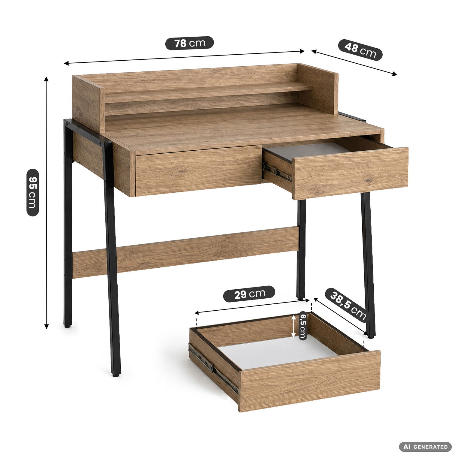 Rašomasis stalas su stalčiais Akord Furniture Factory Flux, 48 cm x 78 cm, 95 cm, juoda sp./artisan oak sp. - 3