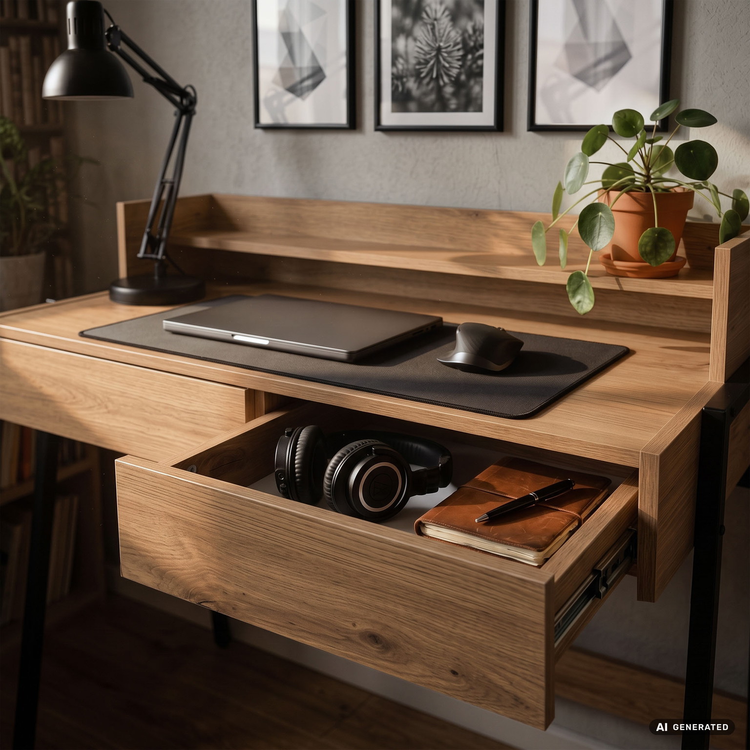 Rašomasis stalas su stalčiais Akord Furniture Factory Flux, 48 cm x 78 cm, 95 cm, juoda sp./artisan oak sp. - 6