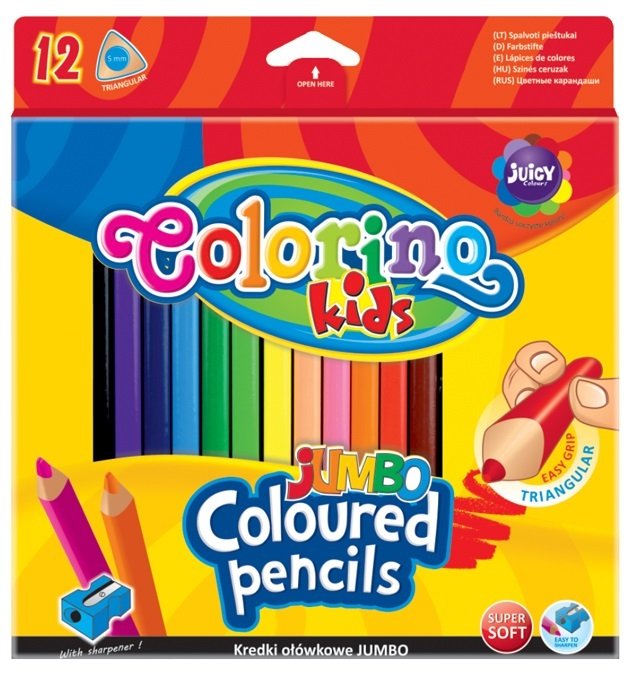 Spalvoti pieštukai + drožtukas COLORINO KIDS Jumbo, 12 spalvų