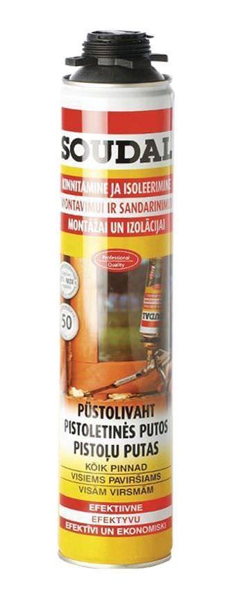 Pistoletinės montavimo putos SOUDAL YELLOW GUNFOAM, geltonos sp., 750 ml