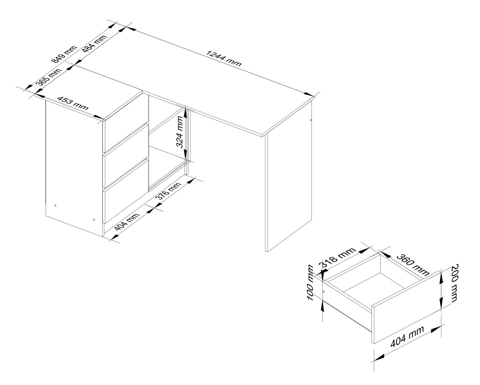 Kampinis rašomasis stalas B16, kairinis, balta/juoda blizgi-2