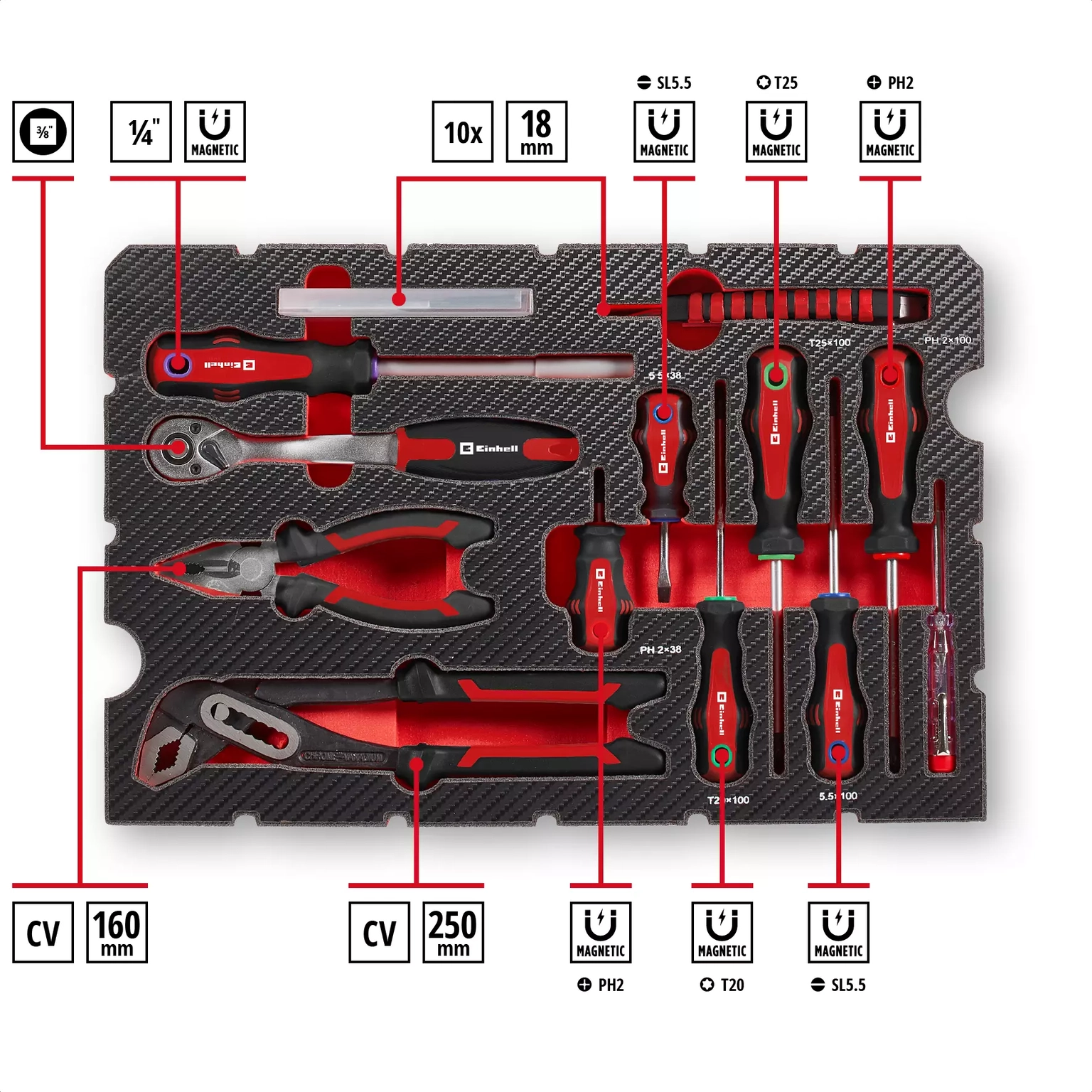 Darbo įrankių ir priedų rinkinys EINHELL, 3/8'', 1/4'', 1/2'', lagaminas E-CASE, 80 vnt. - 4
