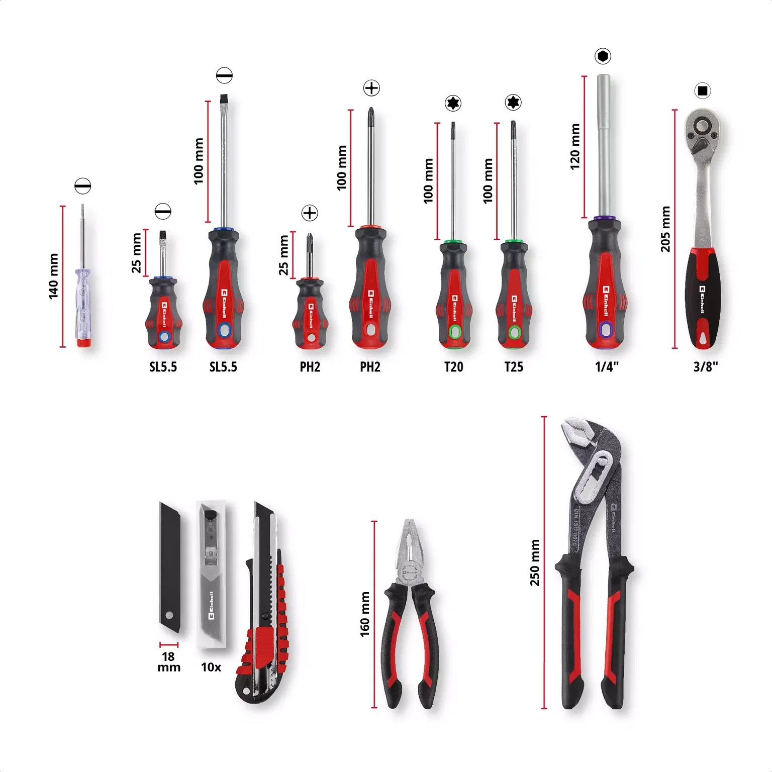 Darbo įrankių ir priedų rinkinys EINHELL, 3/8'', 1/4'', 1/2'', lagaminas E-CASE, 80 vnt.-1