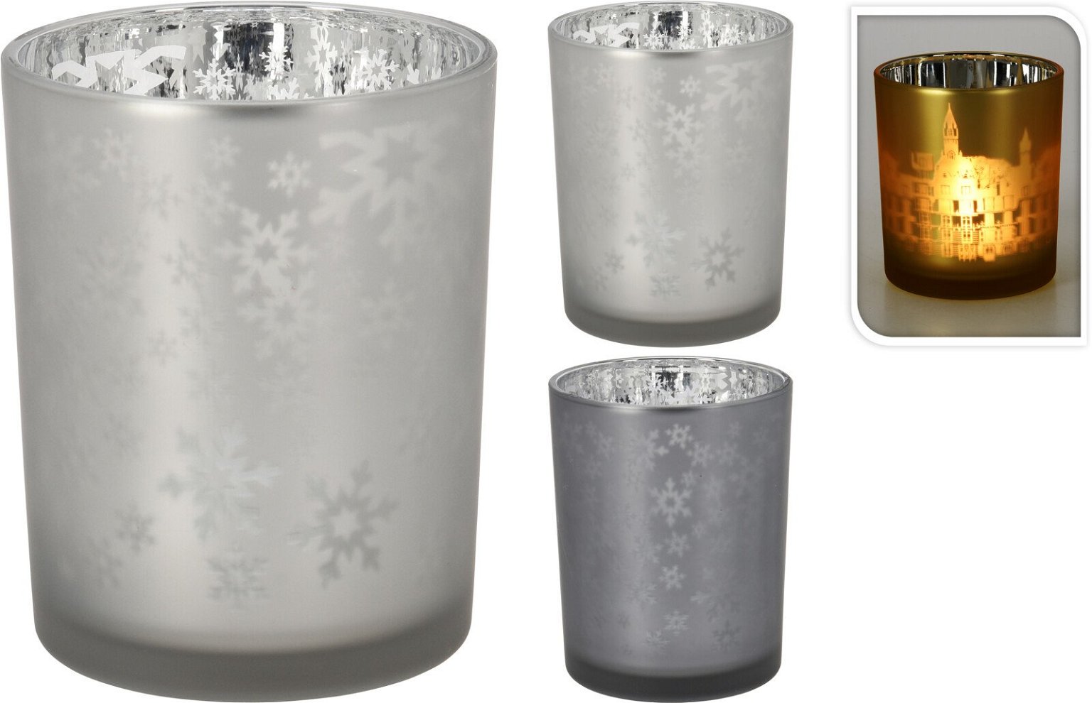 Stiklinė žvakidė SNOWFLAKES, baltos/pilkos sp., 10 x 12 cm
