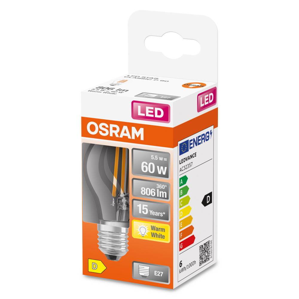 LED lemputė OSRAM Filament, E27, P60, burbuliuko formos,5,5W,2700K, 806lm, non-dim,skaidri-1