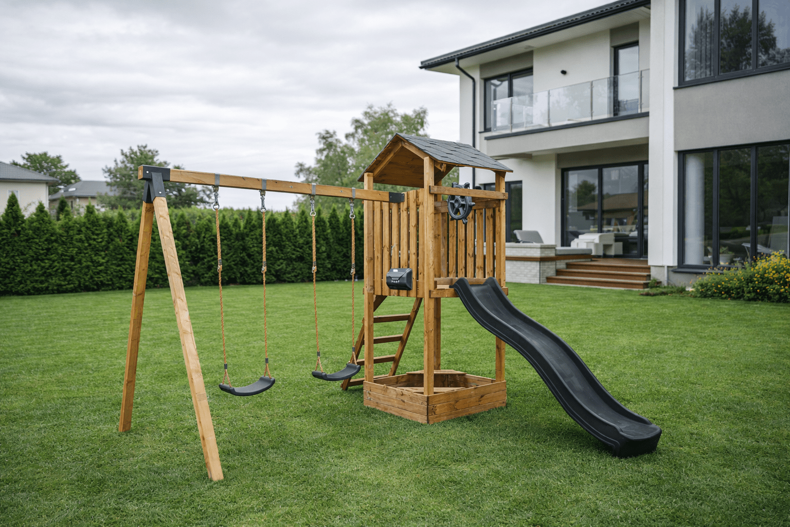 Medinė vaikų žaidimų aikštelė HATIS „Kona“ su priedais, antracito - 5