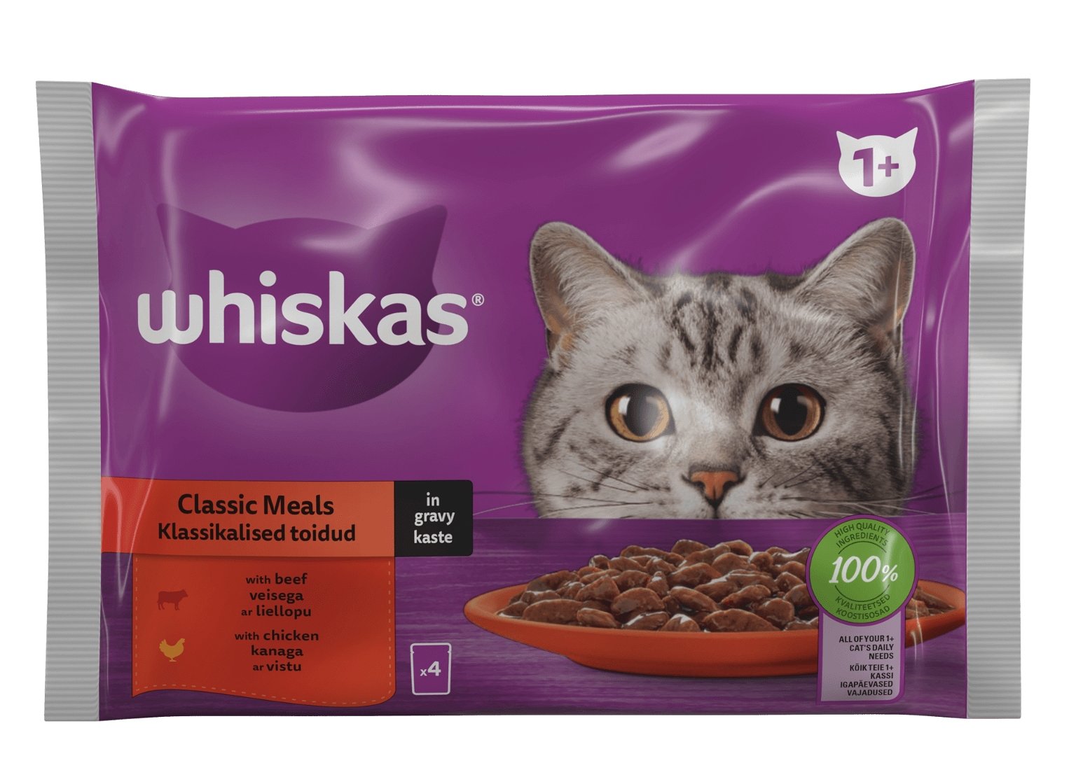 Konservuotas kačių ėdalo rinkinys WHISKAS Classic Meals, 4 x 85 g