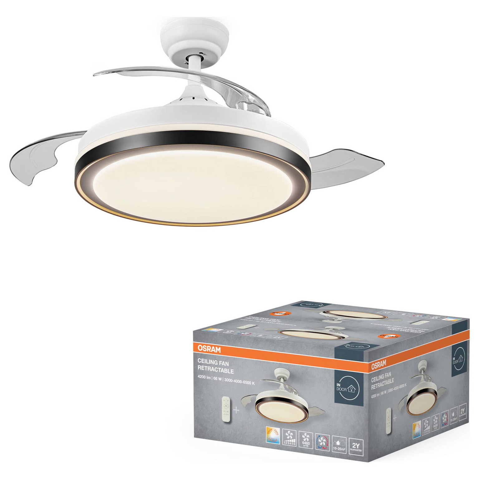 LED šviestuvas-ventiliatorius OSRAM RETRACTABLE, 30+36W, 3000/4000/6500K, 4200lm Ø49-107cm, su pultu-1
