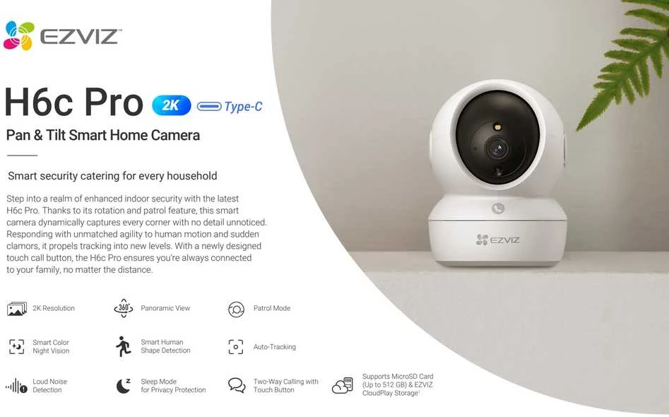 Išmanioji vidaus stebėjimo kamera (3MP), pasukama, EZVIZ CS-H6c, Wi-Fi - 3