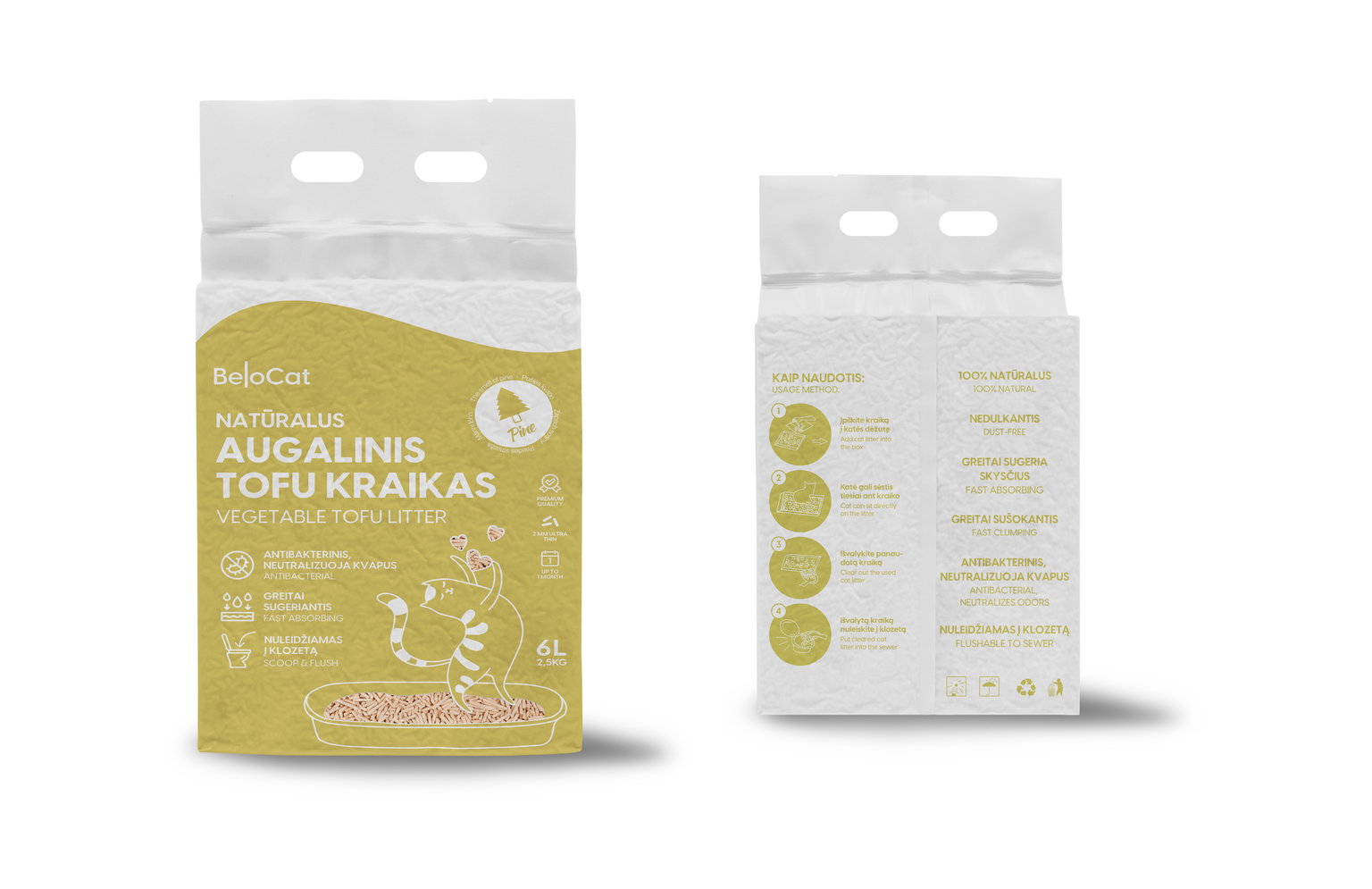 TOFU kraikas katėms BELOCAT, pušies kvapo, 2 mm, 6 L, 2.5 kg-1
