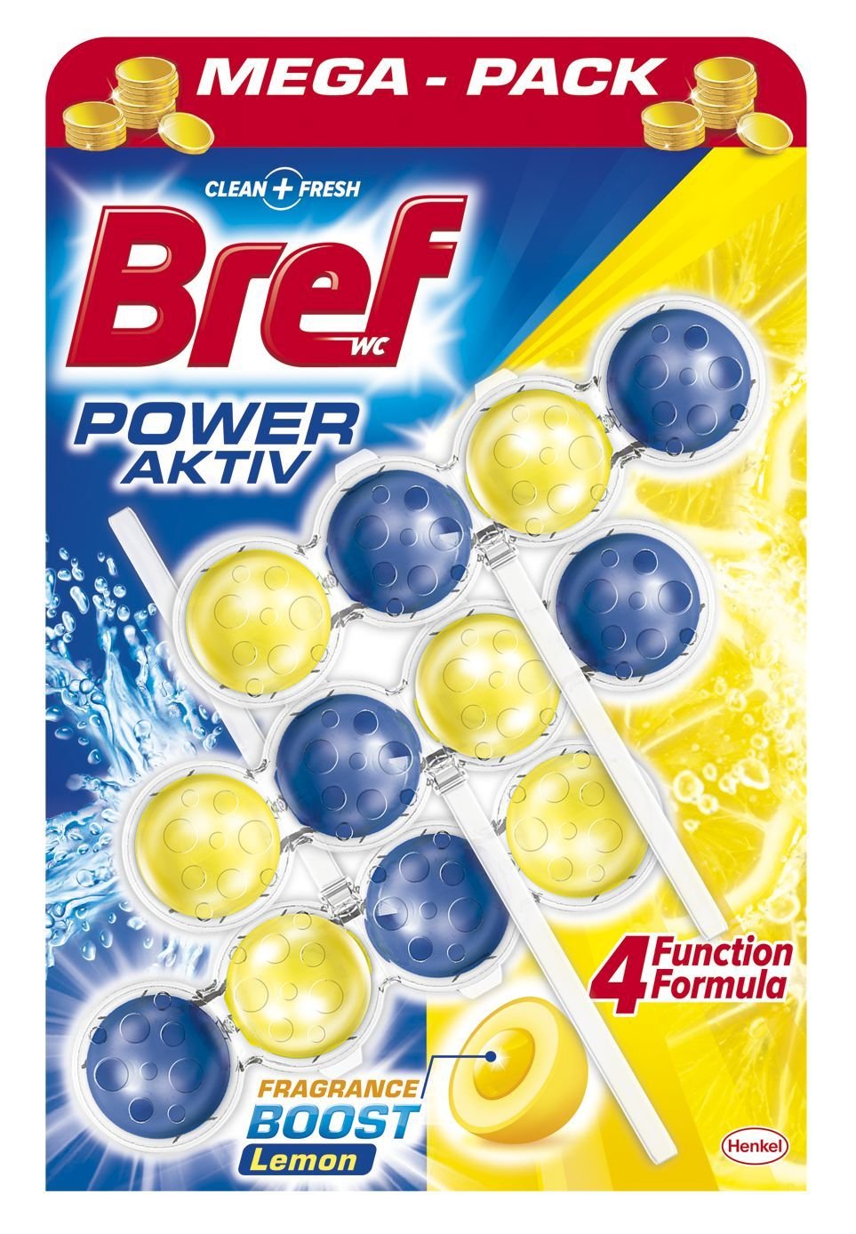 WC valiklis-gaiviklis BREF Power Aktiv Lemon, 3 x 50 g