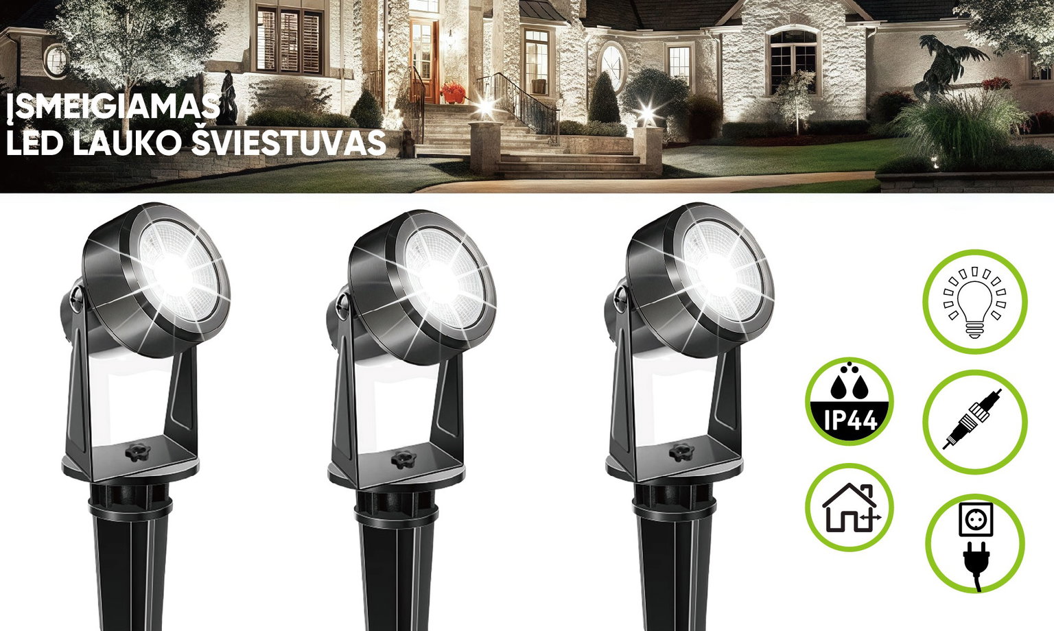 Įsmeigiamas LED lauko šviestuvas, IP44, 4000K, 150lm, šaltai baltos sp, 6,3+5m, sujungiamas, 3 vnt. - 3