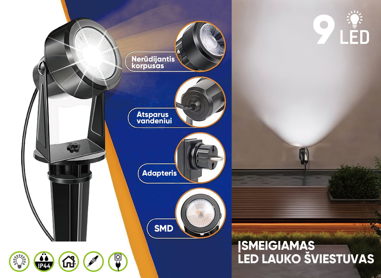 Įsmeigiamas LED lauko šviestuvas, IP44, 4000K, 150lm, šaltai baltos sp, 6,3+5m, sujungiamas, 3 vnt.-0