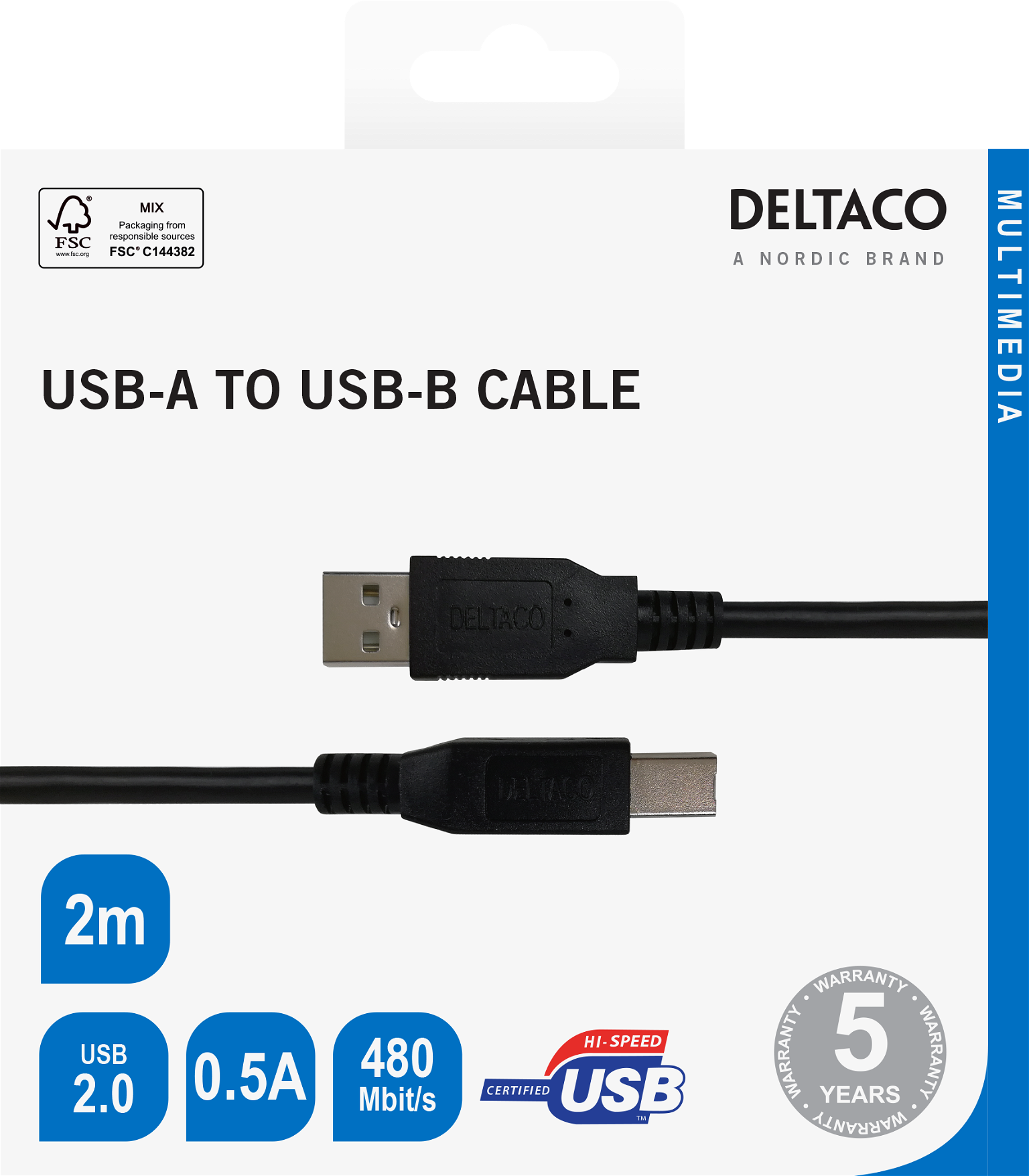 Kabelis DELTACO USB-B 2.0 , 2m juodas - 2