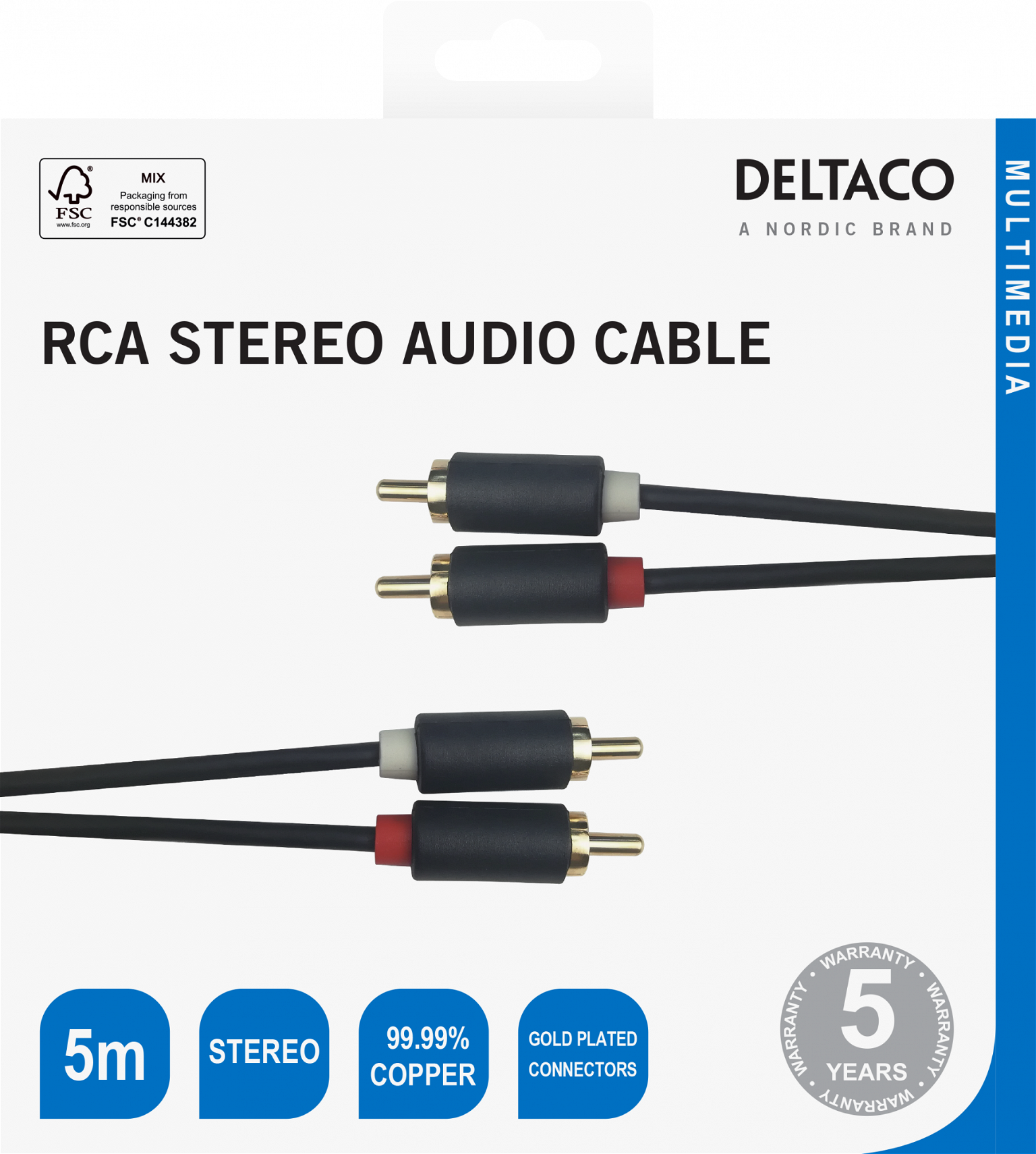 Audio kabelis DELTACO, 2xRCA, paauksuotos jungtys, 5m, juodas - 3