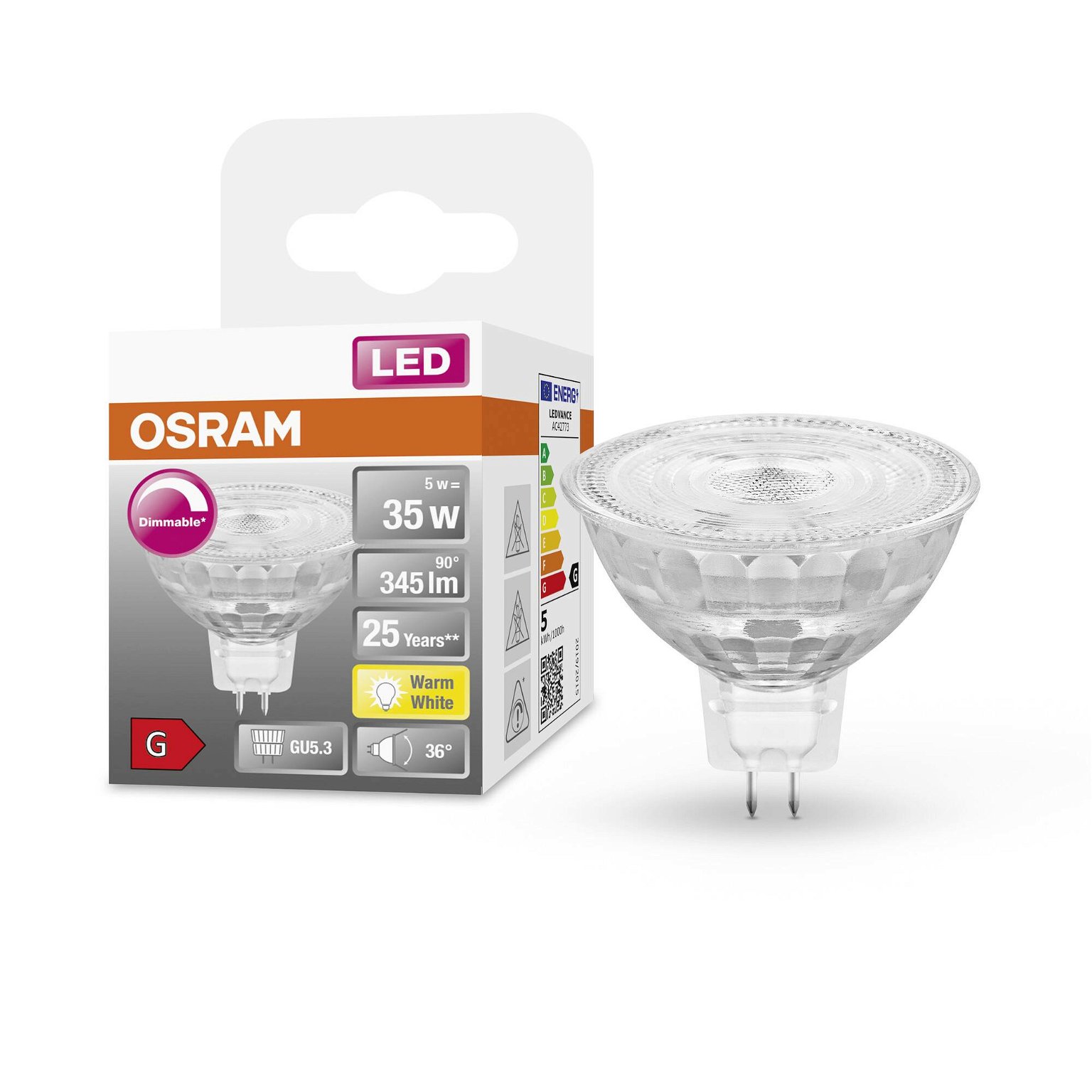 LED lemputė OSRAM SuperStar MR16, GU5.3, 5W, 2700 K, 36°, 345 lm, dimeriuojama, šiltai baltos sp. - 2