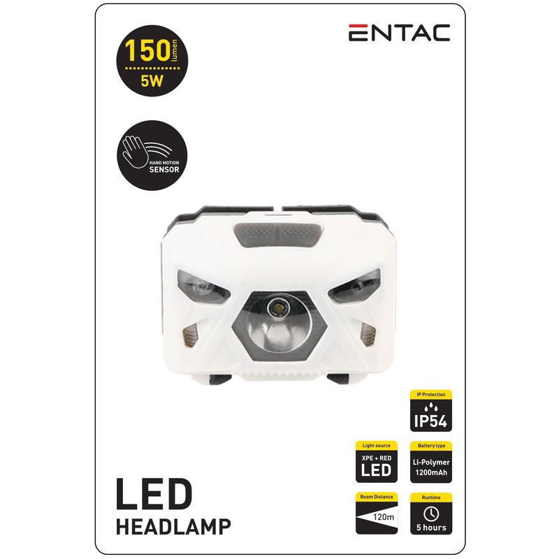 Pakraunamas žibintas ant galvos ENTAC,IP54,5W,150lm,pakraunamas USB, balta+raudona šviesa,baltos sp.-0