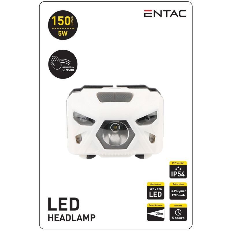 Pakraunamas žibintas ant galvos ENTAC,IP54,5W,150lm,pakraunamas USB, balta+raudona šviesa,baltos sp.