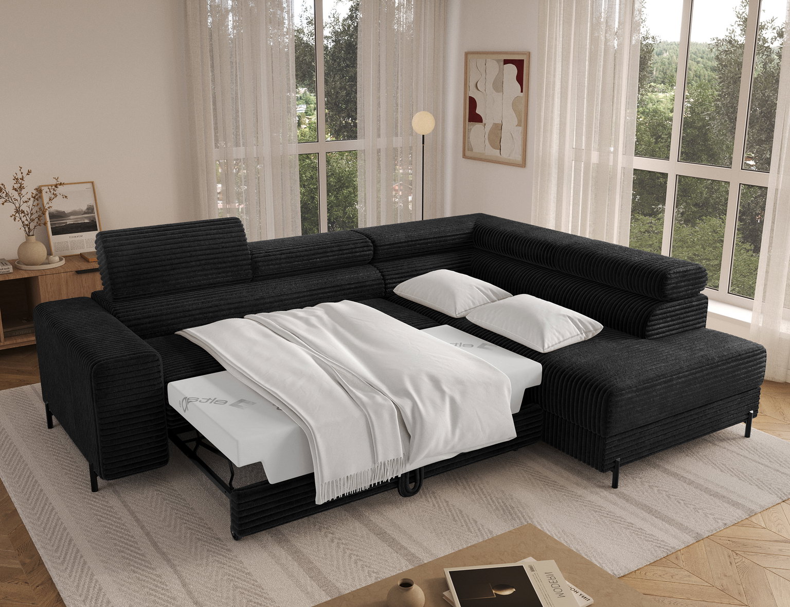 Kampinė sofa - lova Colesio, juoda sp., dešininė, 200 x 274 cm x 93 cm - 6