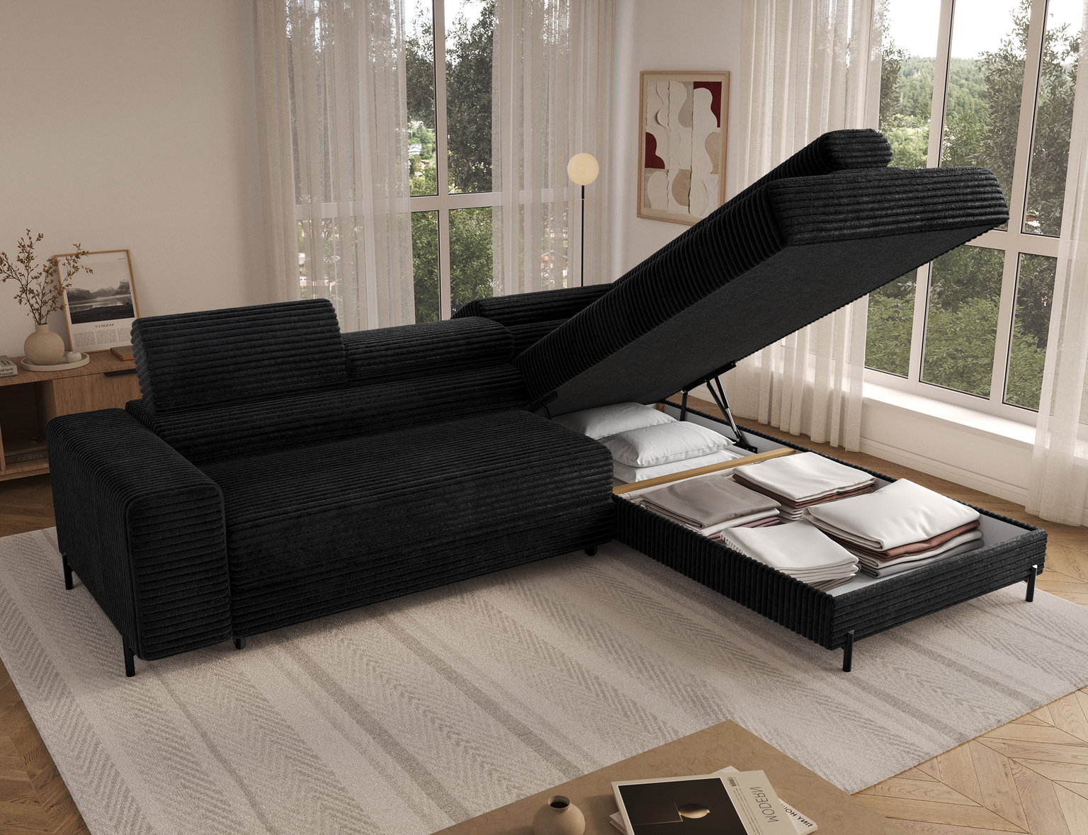 Kampinė sofa - lova Colesio, juoda sp., dešininė, 200 x 274 cm x 93 cm - 7