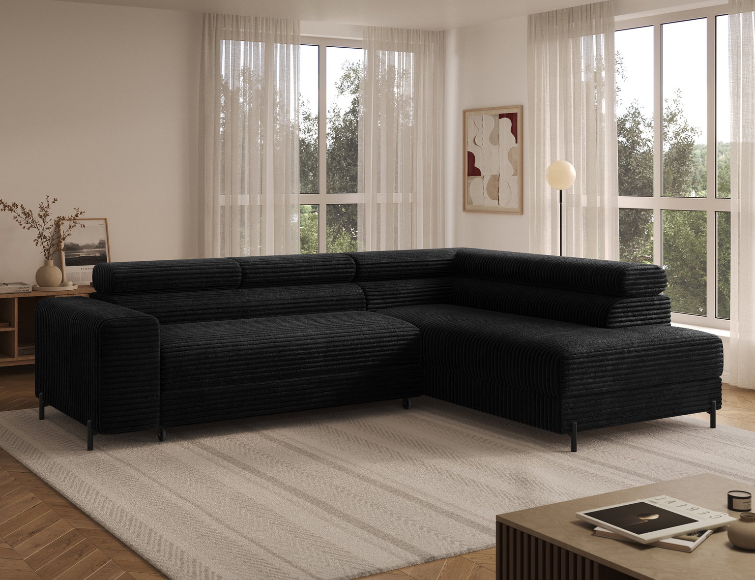 Kampinė sofa - lova Colesio, juoda sp., dešininė, 200 x 274 cm x 93 cm - 4