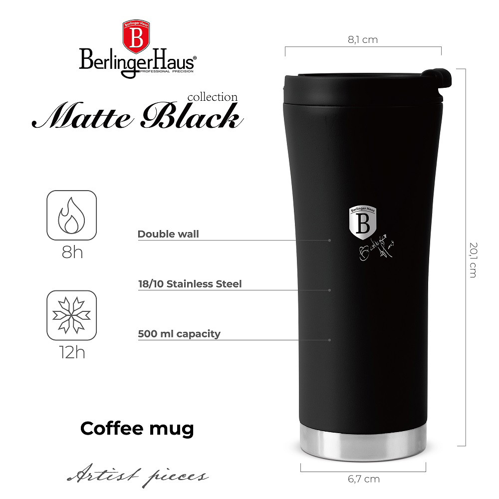 Nerūdijančio plieno termopuodelis BERLINGERHAUS COFFEE, juodos sp., 0,5 l - 7