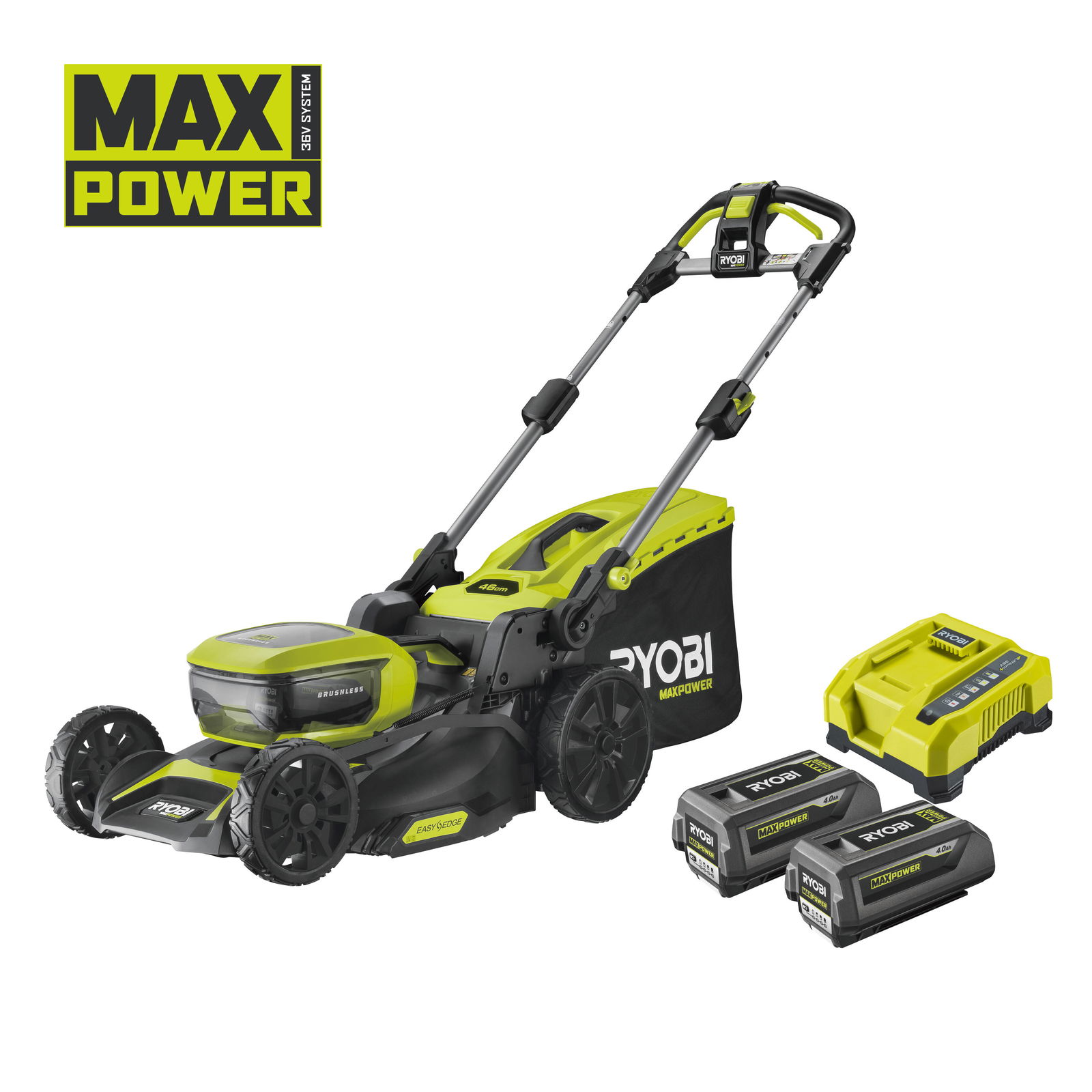 Akumuliatorinė vejapjovė RYOBI RY18LMX40A-240, 18 V, 2 x 4,0 Ah, 40 cm, 50 l - ermitazas.lt Akumuliatorinė vejapjovė RYOBI RY18LMX40A-240, 18 V, 2 x 4,0 Ah, 40 cm, 50 l - ermitazas.lt