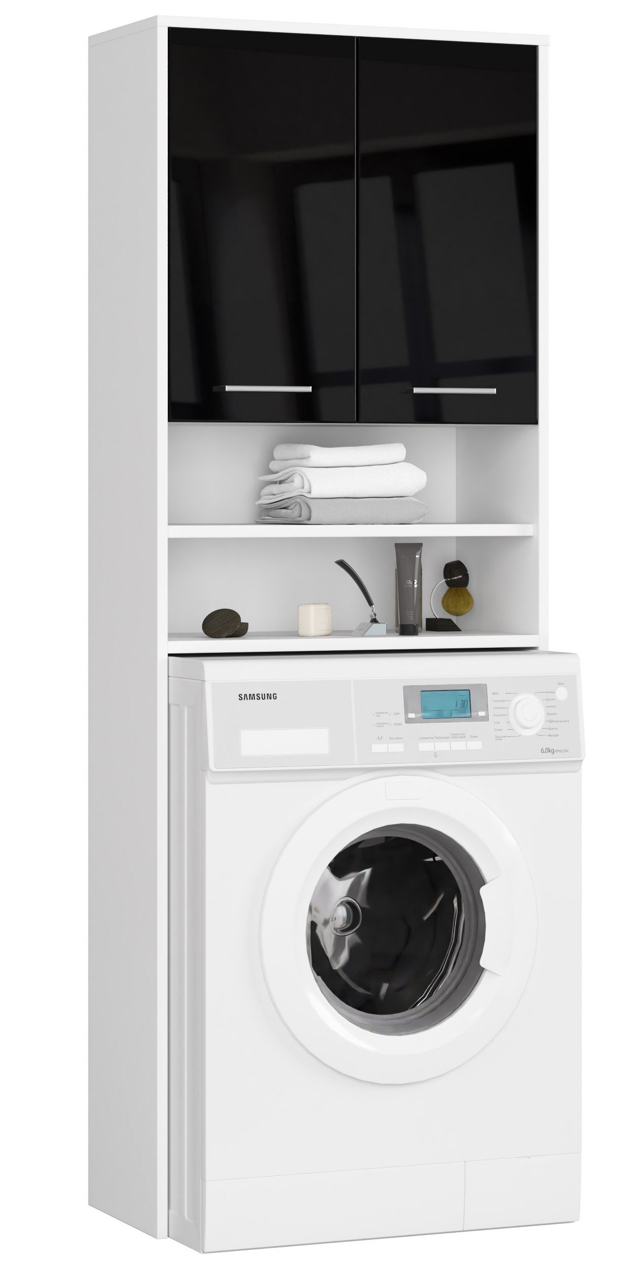 Pastatoma vonios spintelė virš skalbimo mašinos FIN 2D, 60 cm, balta/juoda blizgi