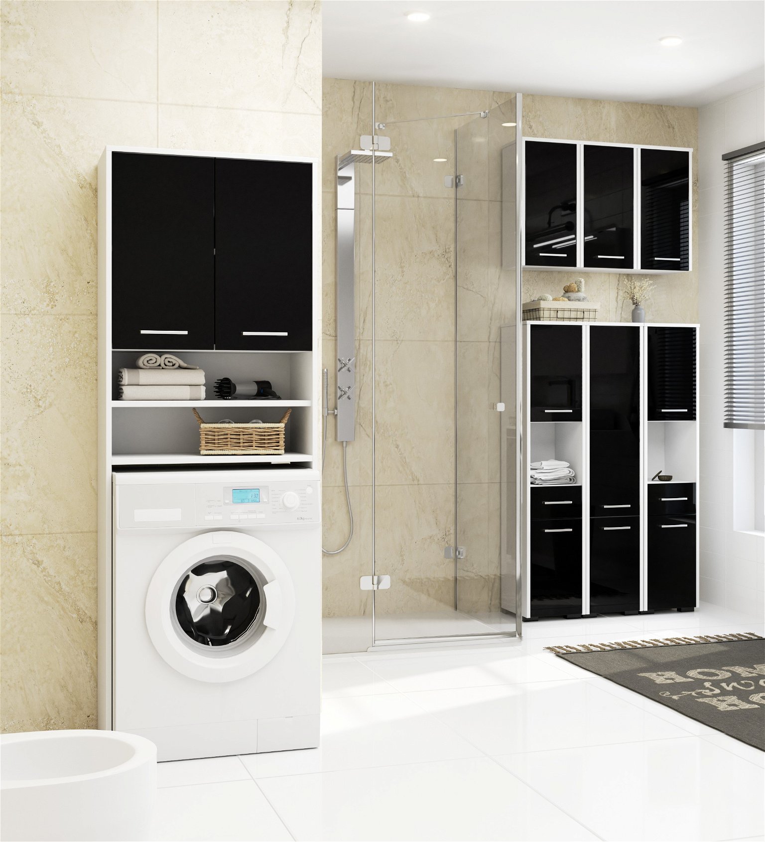 Pastatoma vonios spintelė virš skalbimo mašinos FIN 2D, 60 cm, balta/juoda blizgi - 4