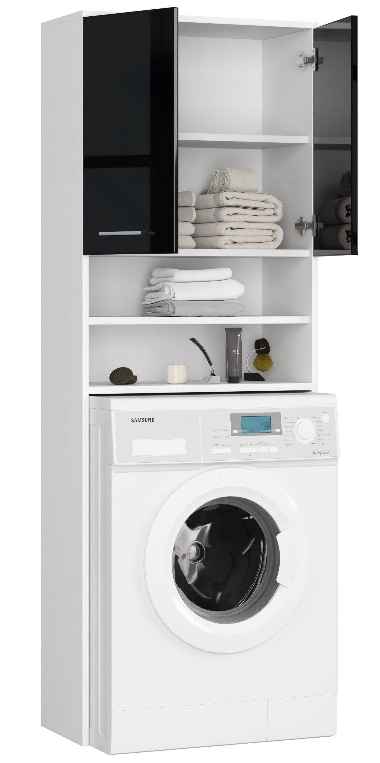 Pastatoma vonios spintelė virš skalbimo mašinos FIN 2D, 60 cm, balta/juoda blizgi - 3